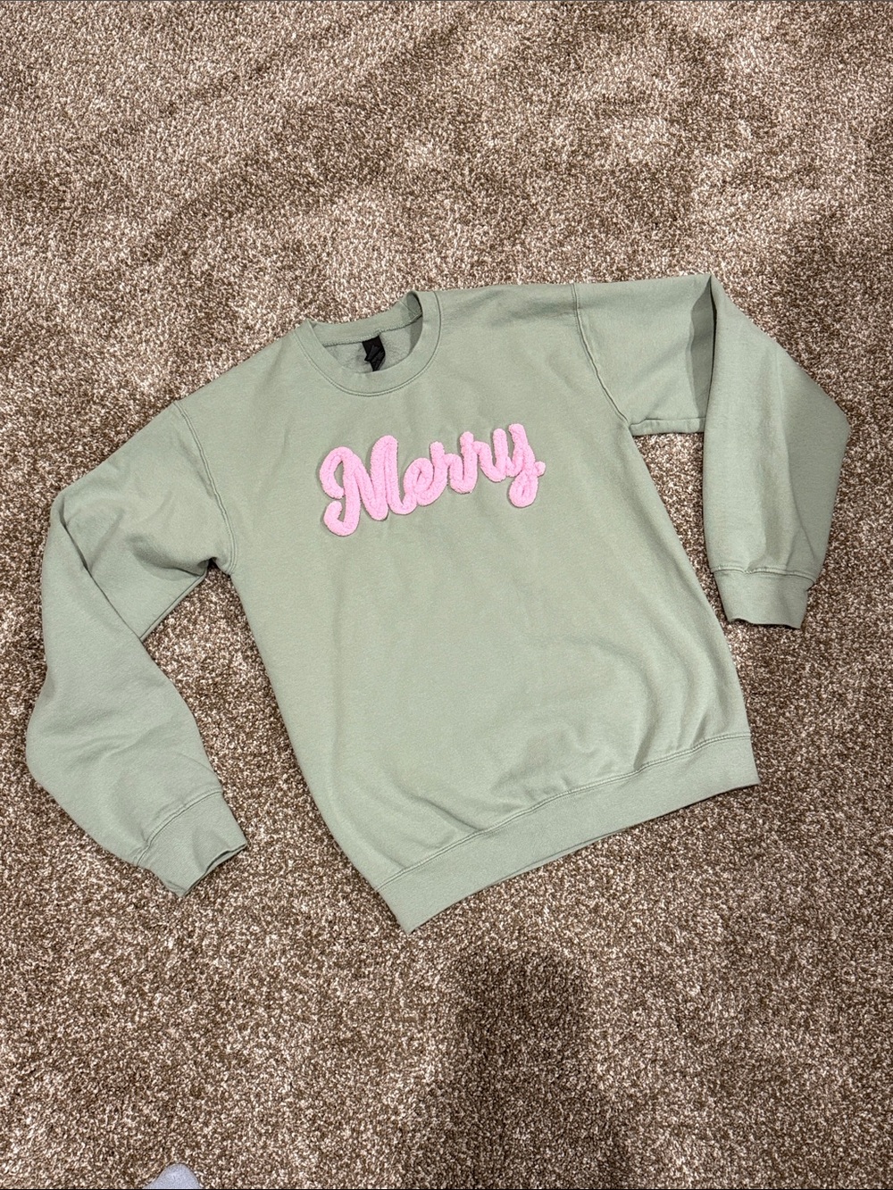 Merry Script Pullover Sweatshirt - Sage with Pink Embroidery